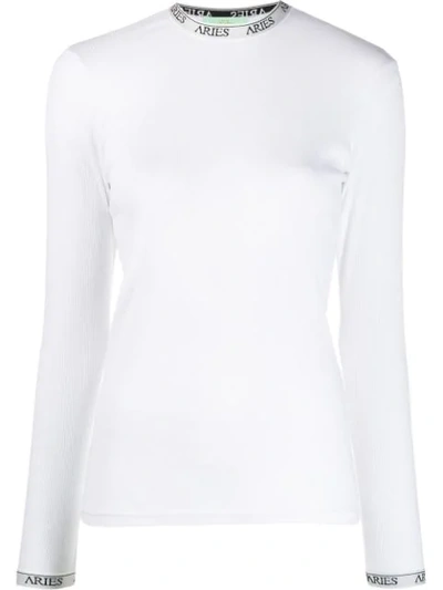 Shop Aries Logo Collar Long Sleeve Top In White
