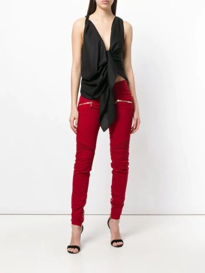 Shop Balmain Denim Biker Jeans In Red