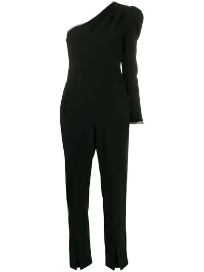 Shop Self-portrait One-shoulder Crepe Jumpsuit In Black