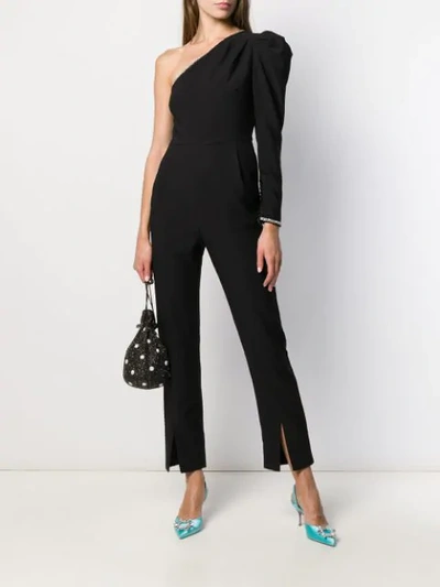 Shop Self-portrait One-shoulder Crepe Jumpsuit In Black