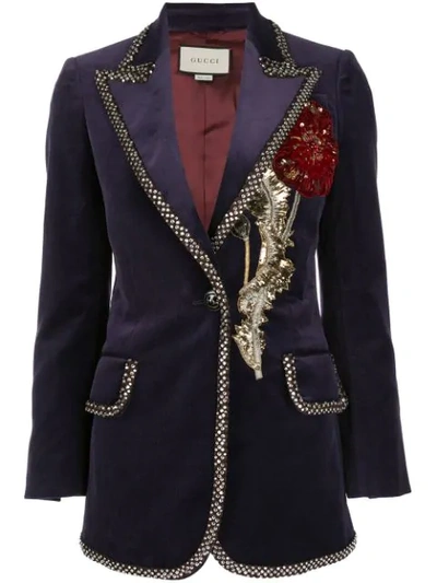 Shop Gucci Embellished Velvet Blazer In Purple