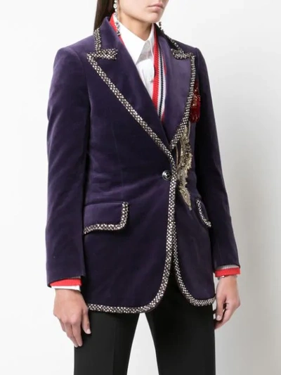 Shop Gucci Embellished Velvet Blazer In Purple