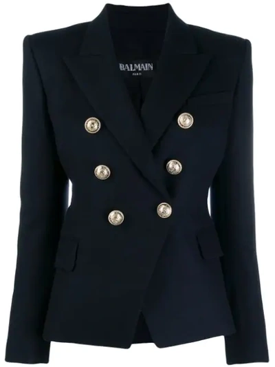 Shop Balmain Double-breasted Blazer In Blue