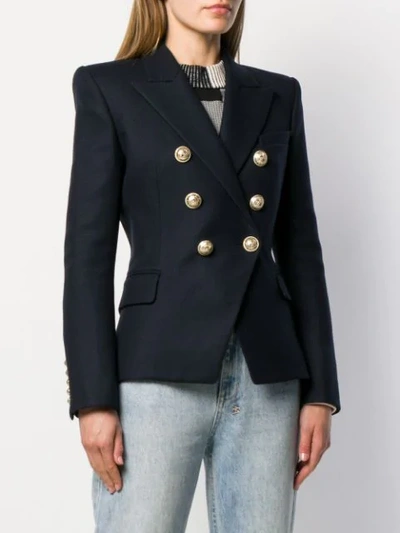 Shop Balmain Double-breasted Blazer In Blue