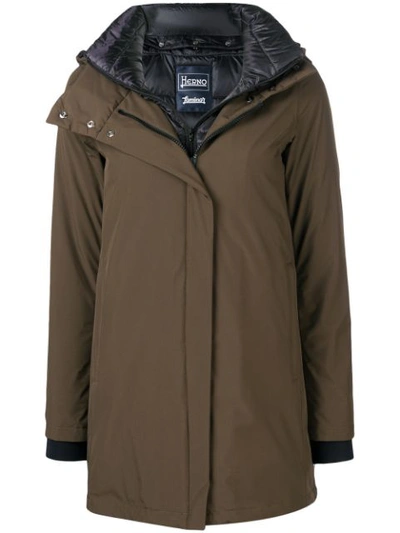 Shop Herno Layered Hooded Coat In Green
