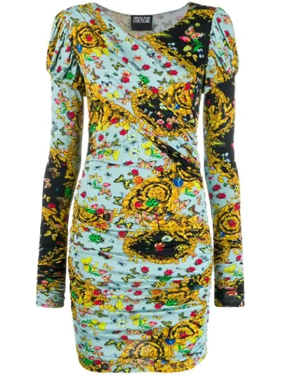 Shop Versace Jeans Couture Printed Long Sleeve Dress In Yellow ,blue