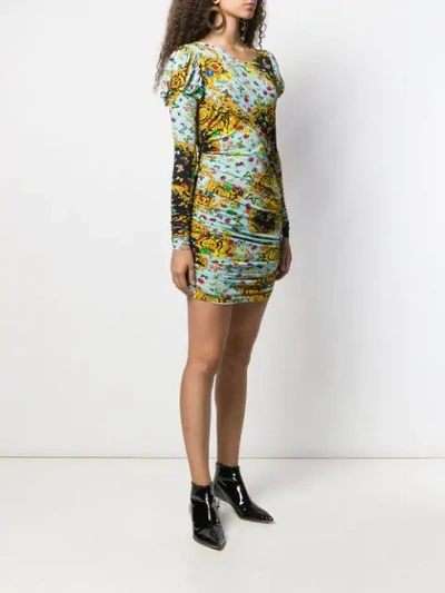 Shop Versace Jeans Couture Printed Long Sleeve Dress In Yellow ,blue