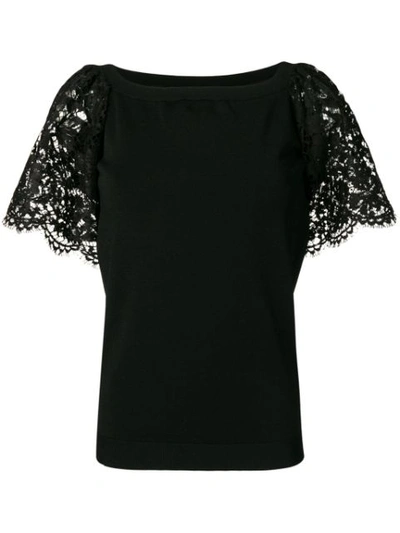 Shop Valentino Floral Lace Sleeve T In Black