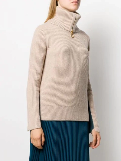 Shop Tory Burch Folded Neck Ribbed Jumper In Neutrals