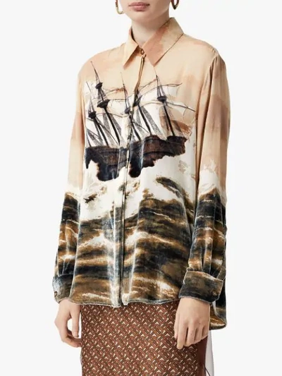 Shop Burberry Ship Print Devoré Silk Blend Oversized Shirt In Neutrals