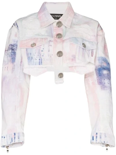 Shop Balmain Spray-paint Cropped Denim Jacket In White