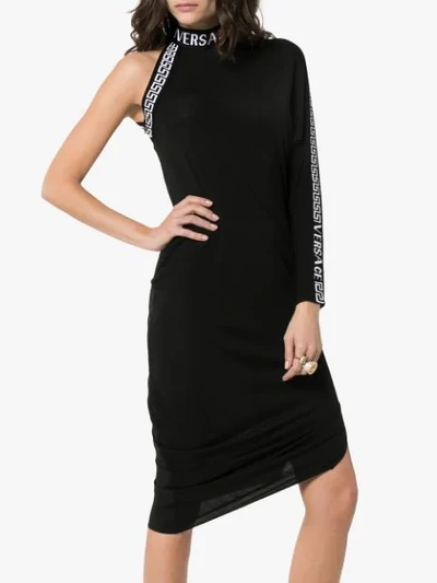 Shop Versace One Sleeved High Neck Midi Dress In Black