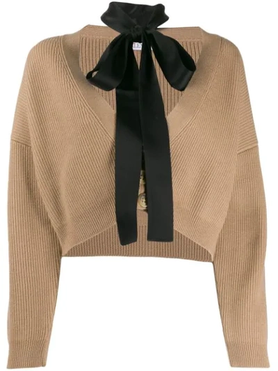 Shop Red Valentino Cropped Cardigan With Tie Neck In 954 Camello