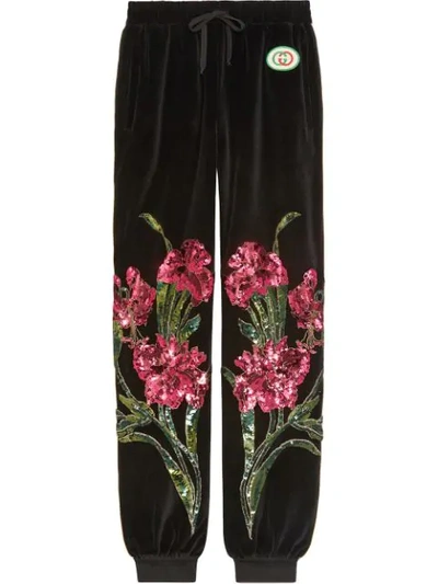 Shop Gucci Chenille Jogging Pants With Floral Patches In Black
