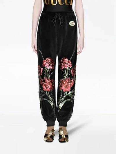 Shop Gucci Chenille Jogging Pants With Floral Patches In Black
