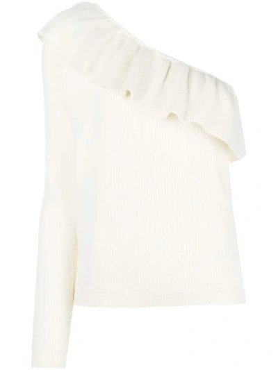 Shop Ganni Frill-trim Off-shoulder Sweater - White
