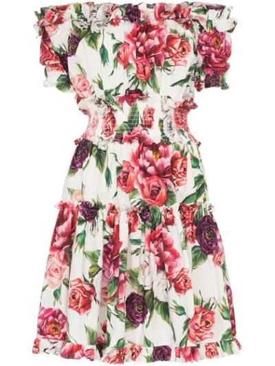 Shop Dolce & Gabbana Off-shoulder Frill Peony Print Cotton Mini Dress - Pink