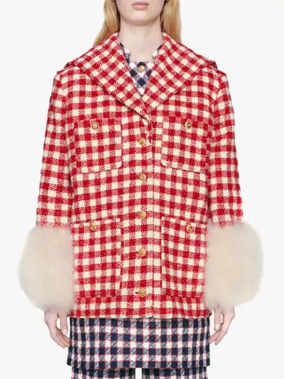 Shop Gucci Tweed Jacket With Feathers In 9541 Red