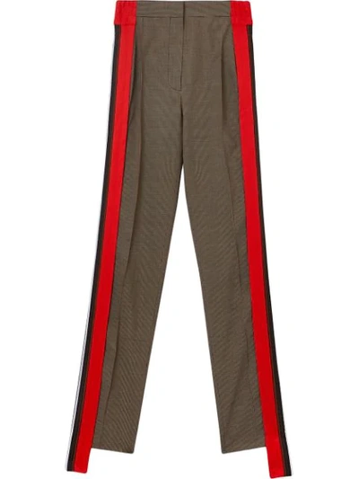 Shop Burberry Stripe Detail Wool Cotton Tailored Trousers In Neutrals