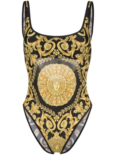 Shop Versace Backless Baroque-print Swimsuit In Black