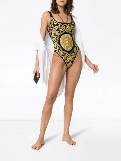 Shop Versace Backless Baroque-print Swimsuit In Black