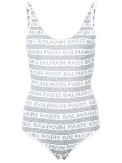 Shop Balmain Logo Stripe Body In Grey