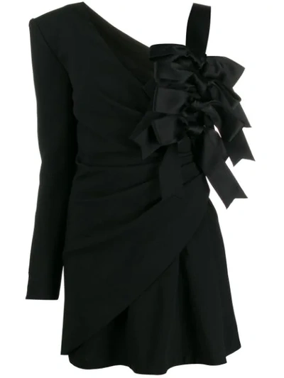 Shop Saint Laurent One-shoulder Bow Mini Dress In Black