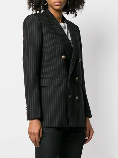 Shop Saint Laurent Double-breasted Pinstripe Blazer In 1070 Noir Blanc