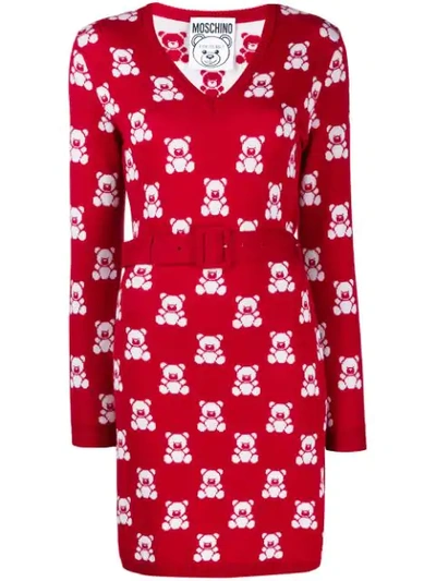 Shop Moschino Jacquard Teddy Bear Belted Dress In Red
