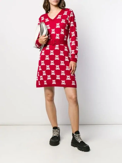 Shop Moschino Jacquard Teddy Bear Belted Dress In Red