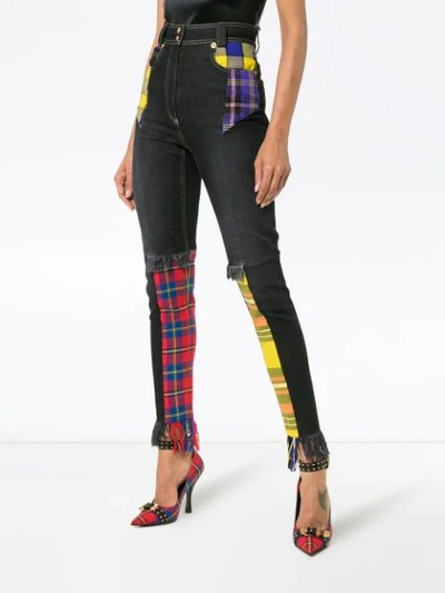 Shop Versace High Waisted Plaid Patch Cotton-blend Jeans In Black