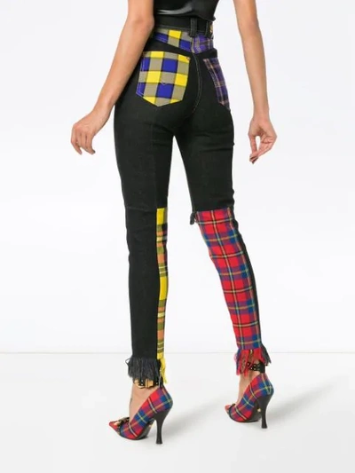 Shop Versace High Waisted Plaid Patch Cotton-blend Jeans In Black