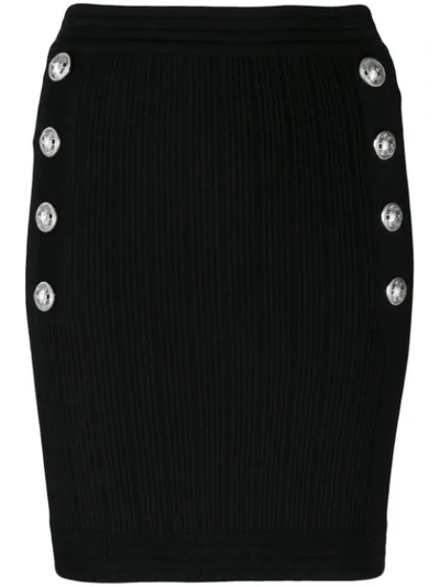 Shop Balmain Embossed Button Skirt In Black