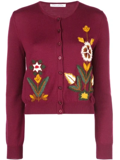 Shop Oscar De La Renta Floral Embroidery Cardigan In Red