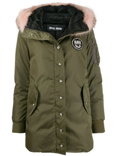 Shop Miu Miu Fur-trimmed Hooded Parka In Green