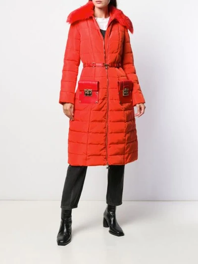 Shop Elisabetta Franchi Belted Padded Coat In H85 Lacca