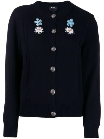 Shop Apc Embroidered Floral Cardigan In Blue