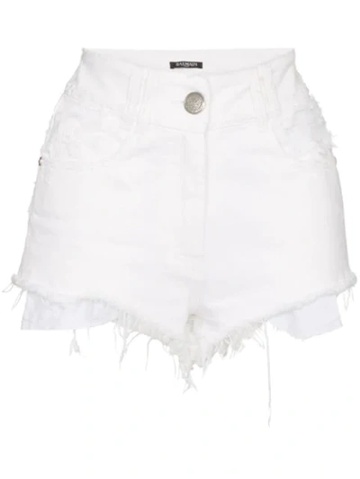 Shop Balmain Frayed Hem Denim Shorts In White