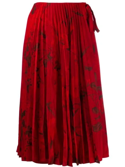 Shop Valentino Pleated Floral Print Midi Skirt In Red