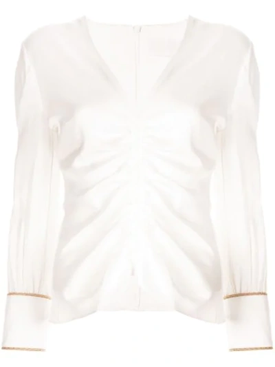 Shop Peter Pilotto Ruched Satin-crepe Blouse In White