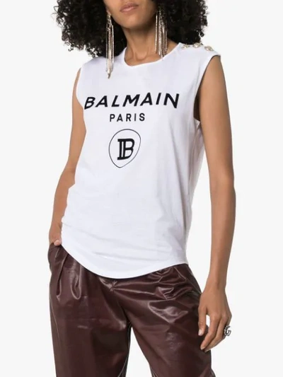Shop Balmain Logo Print Vest Top In White