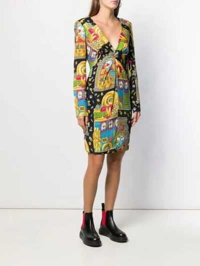 Shop Moschino Gathered V-neck Printed Dress In Yellow