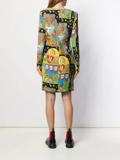 Shop Moschino Gathered V-neck Printed Dress In Yellow