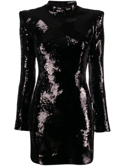 Shop Balmain Padded Shoulder Sequin Dress In Black