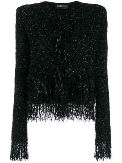Shop Balmain Collarless Fringed Tweed Jacket In Black