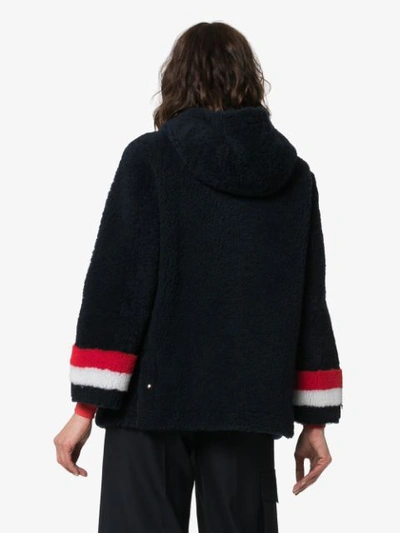 Shop Thom Browne Reversible Hooded Shearling Coat In Blue