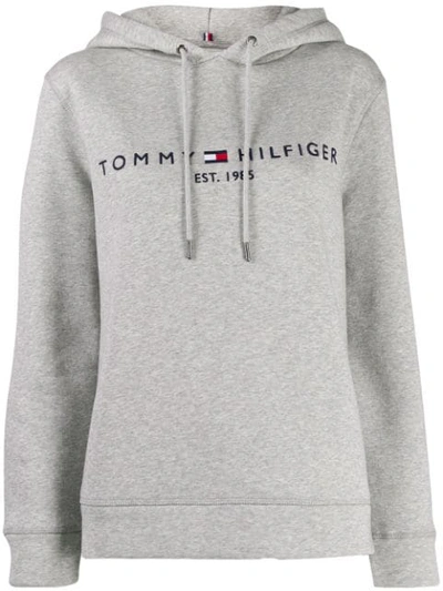 Shop Tommy Hilfiger Embroidered Logo Hoodie In Grey