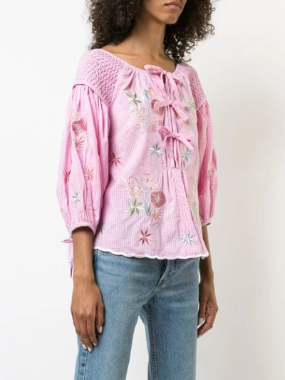 Shop Innika Choo Gingham Embroidered Floral Blouse - Pink