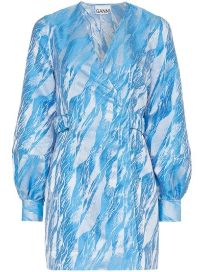 Ganni Graphic-print Jacquard Mini Wrap Dress In Blue | ModeSens