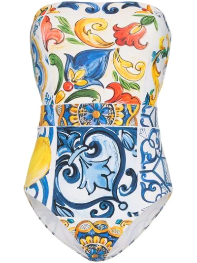 Shop Dolce & Gabbana Majolica Printed Strapless Swimsuit - Multicolour